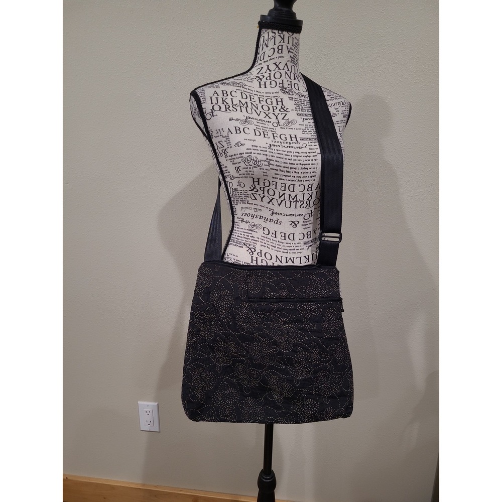 Maruca Handmade in Boulder Co. Black w/tan floral stitched crossbody artsy Bag